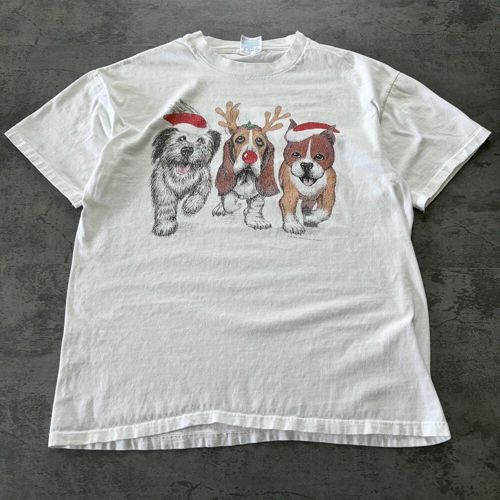 Vintage 1995 Hanes Christmas Dogs Double Sided Tee White Global Impressions L